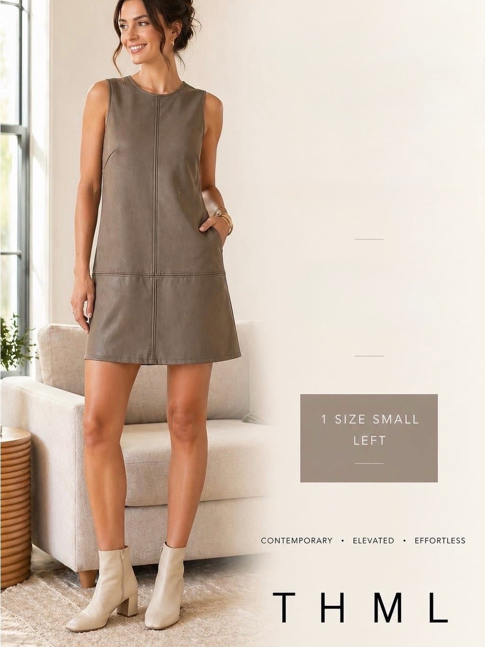 THML Taupe Sleeveless Leather Shift Dress